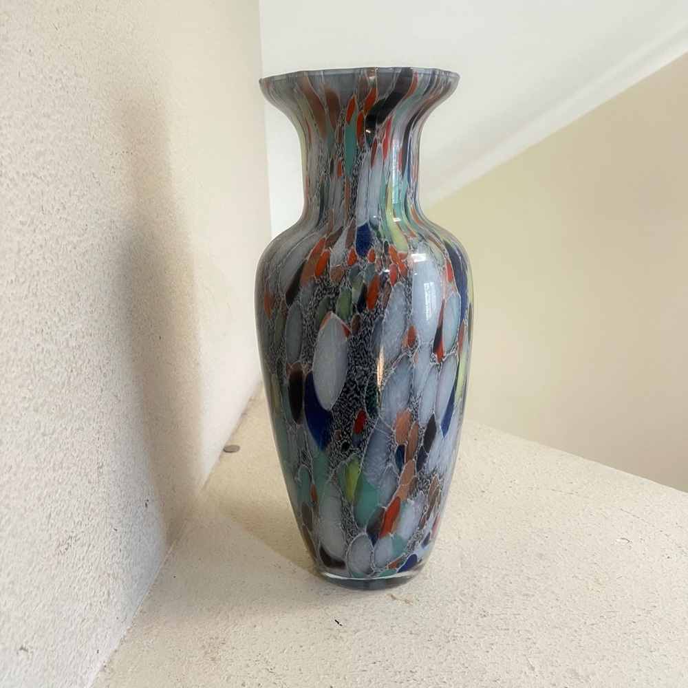 Murano Italy Large Tall 14” Glass Vase Multi-Color Splash Black Marble Decor